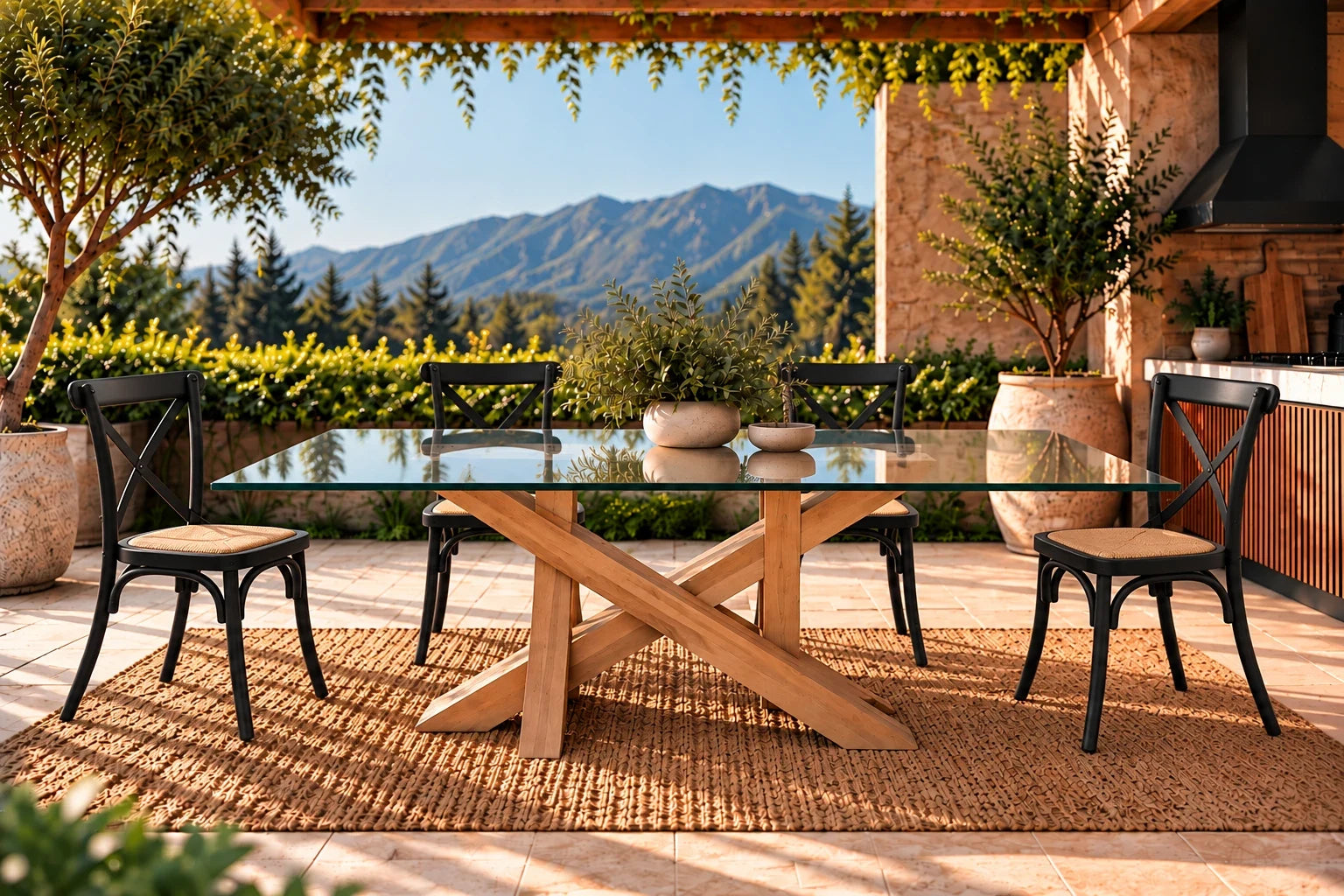 Comedor de terraza Da Vinci con cubierta de vidrio, base de lenga y 6 sillas Cruzeta negras – imagen referencial
